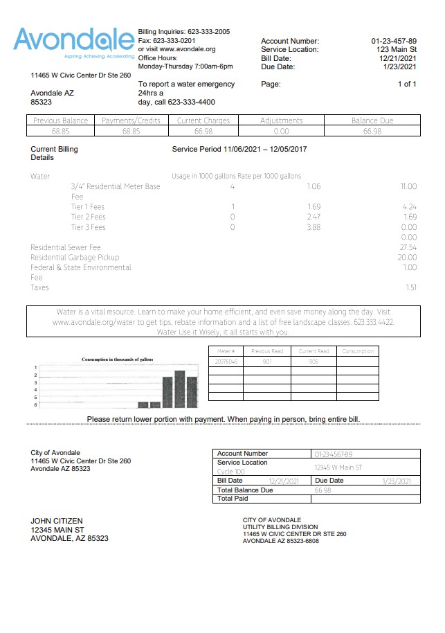 USA Arizona The City of Avondale Water utility bill template in Word and PDF format